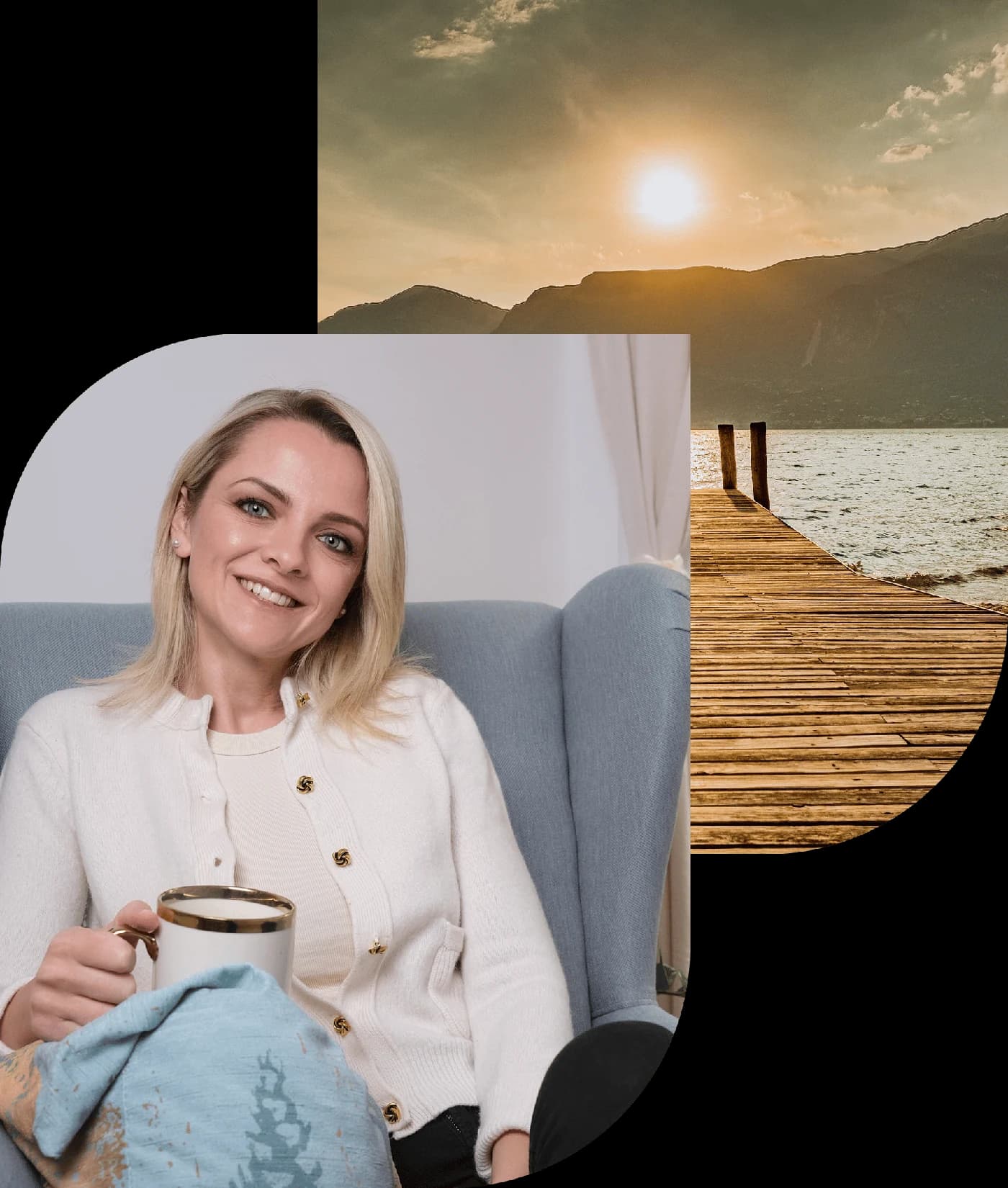 Spák Zsuzsa pszichológus mosolyog egy fotelben, bögrével a kezében